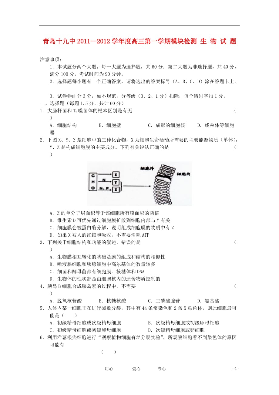 山东省青岛十九中2012届高三生物上学期模块检测试题【会员独享】.doc_第1页