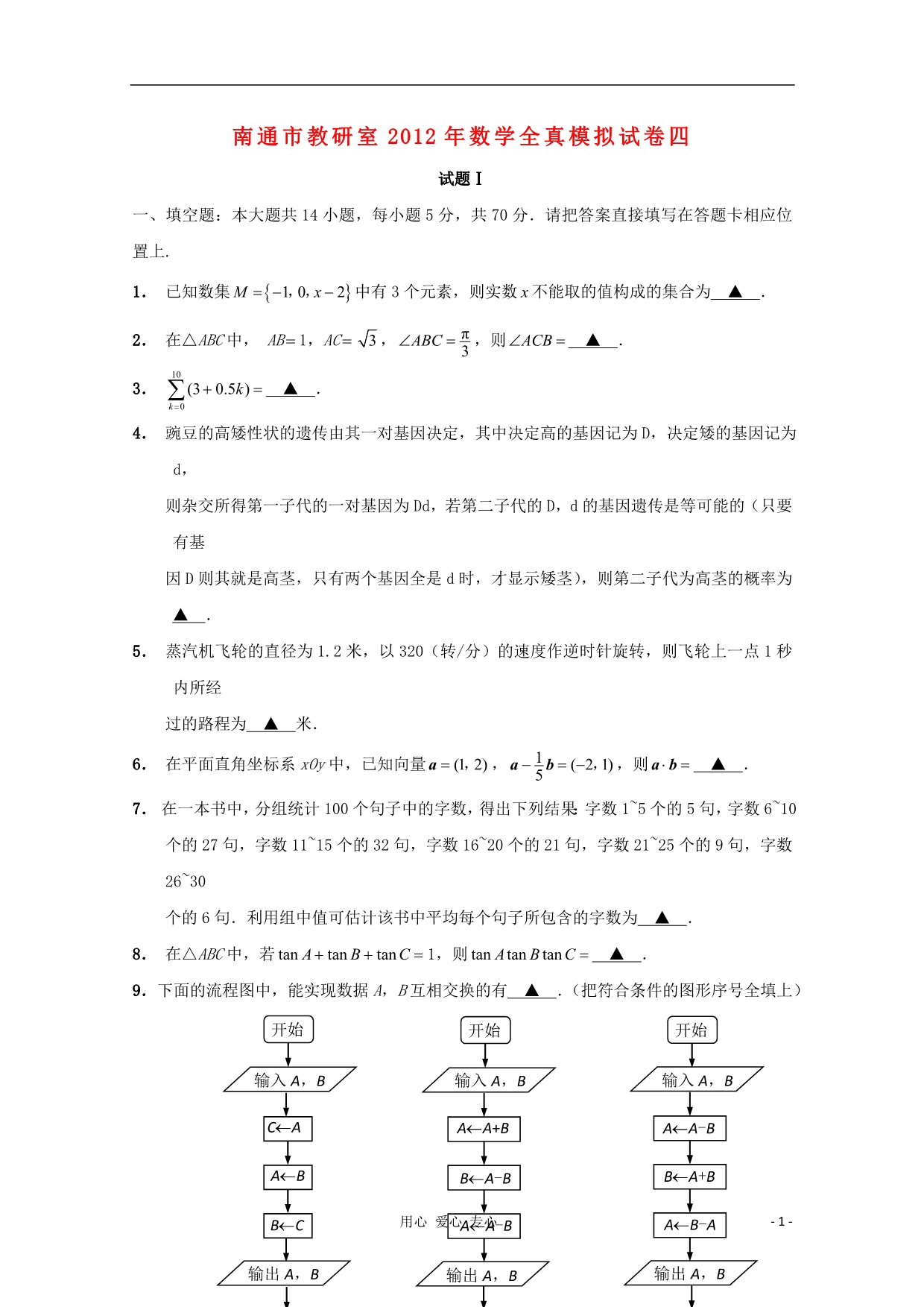 江苏省南通市教研室2012年高考数学 全真模拟试卷四.doc_第1页