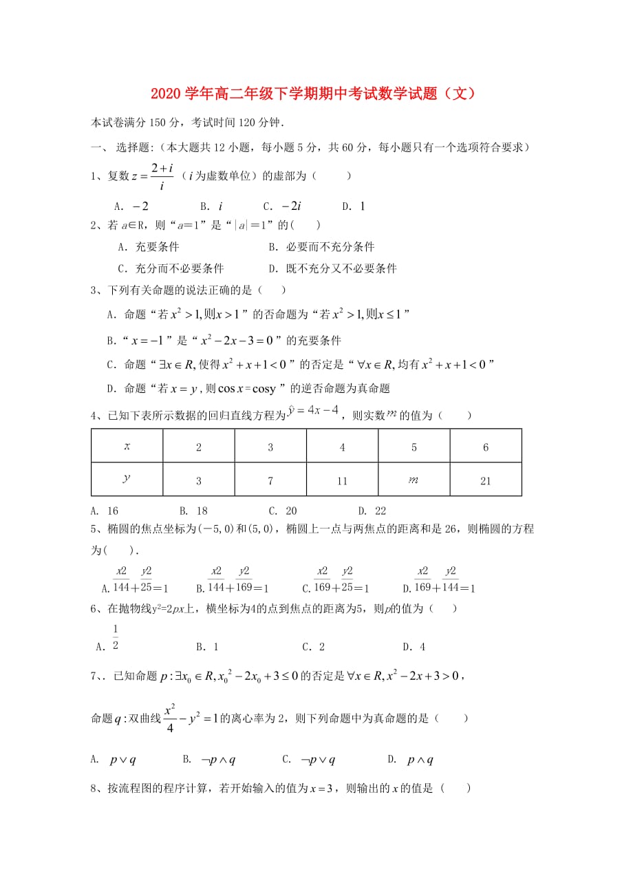 云南省楚雄州元谋县一中2020学年高二数学下学期期中试题 文（通用）_第1页