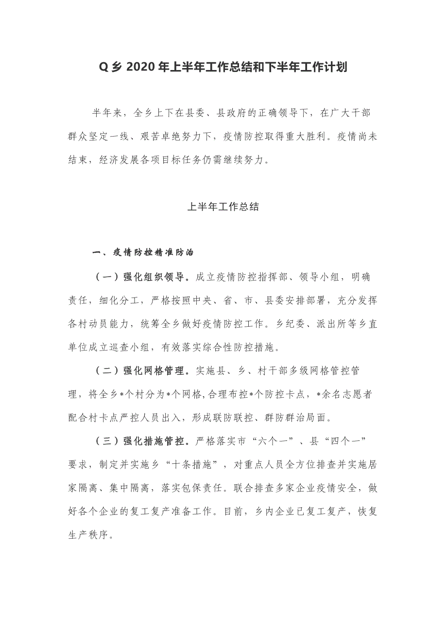 Q乡2020年上半年工作总结和下半年工作计划_第1页