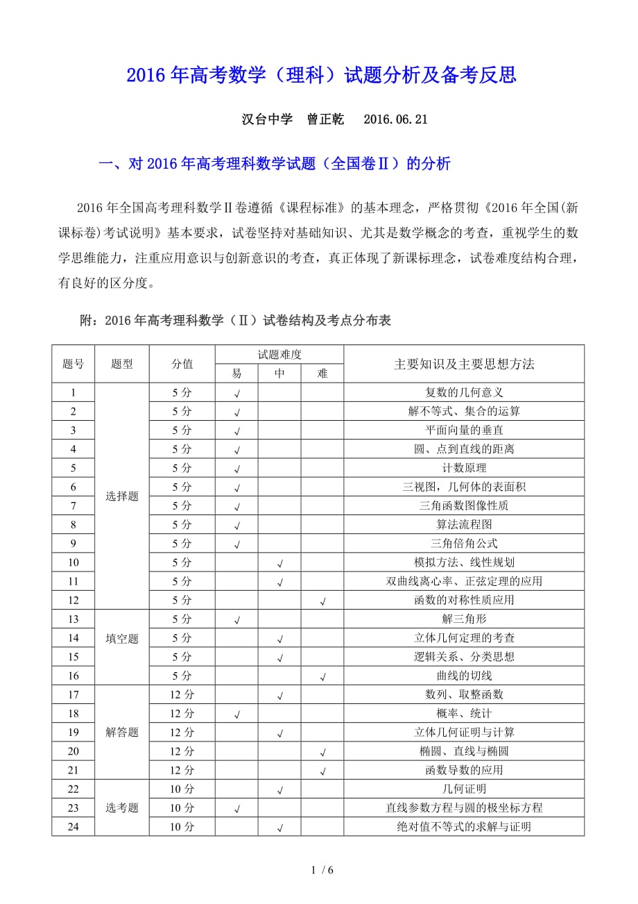 2016高考数学(理)试题分析报告_第1页