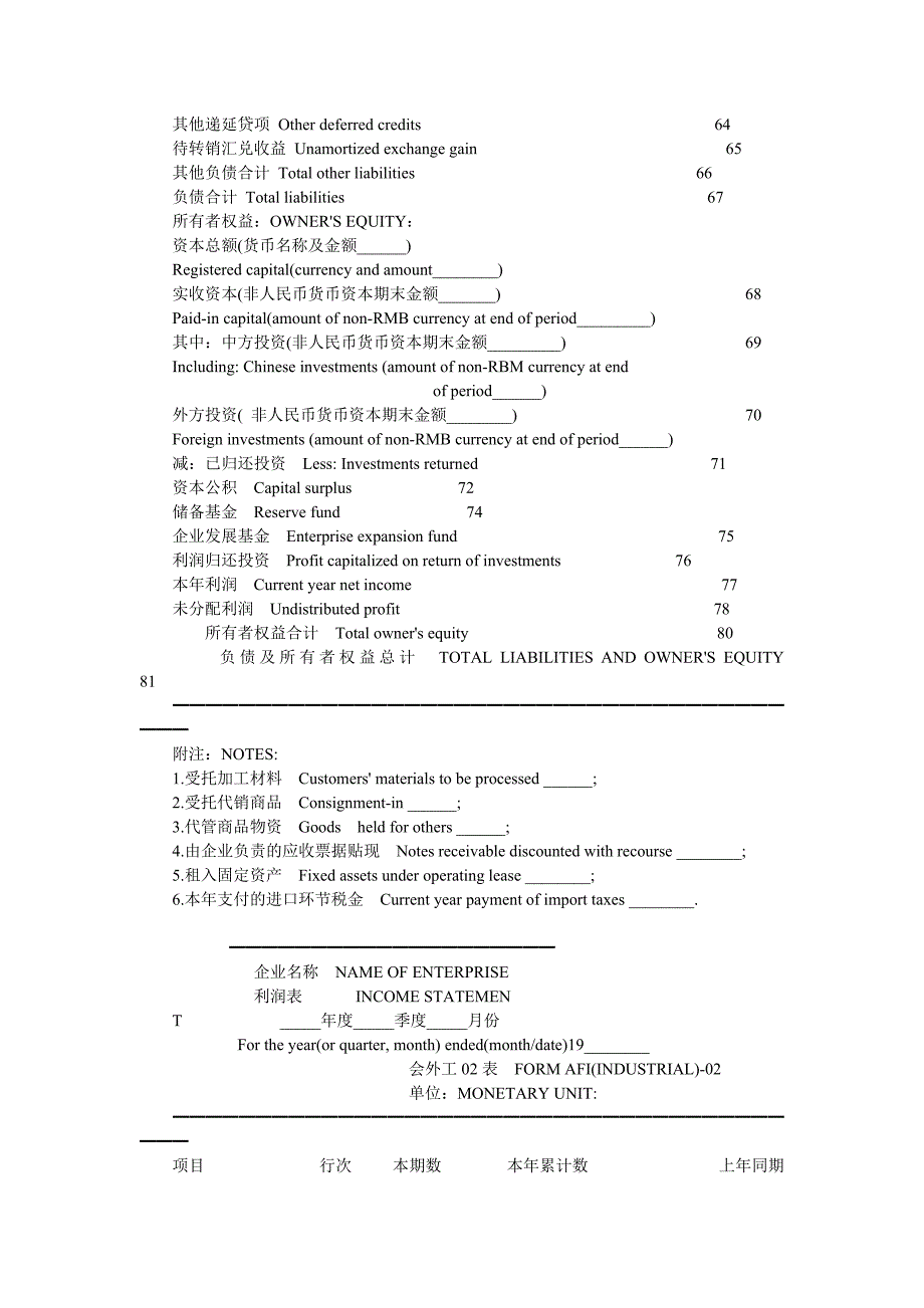 202X年外商投资企业会计报表项目中英文对照表_第3页