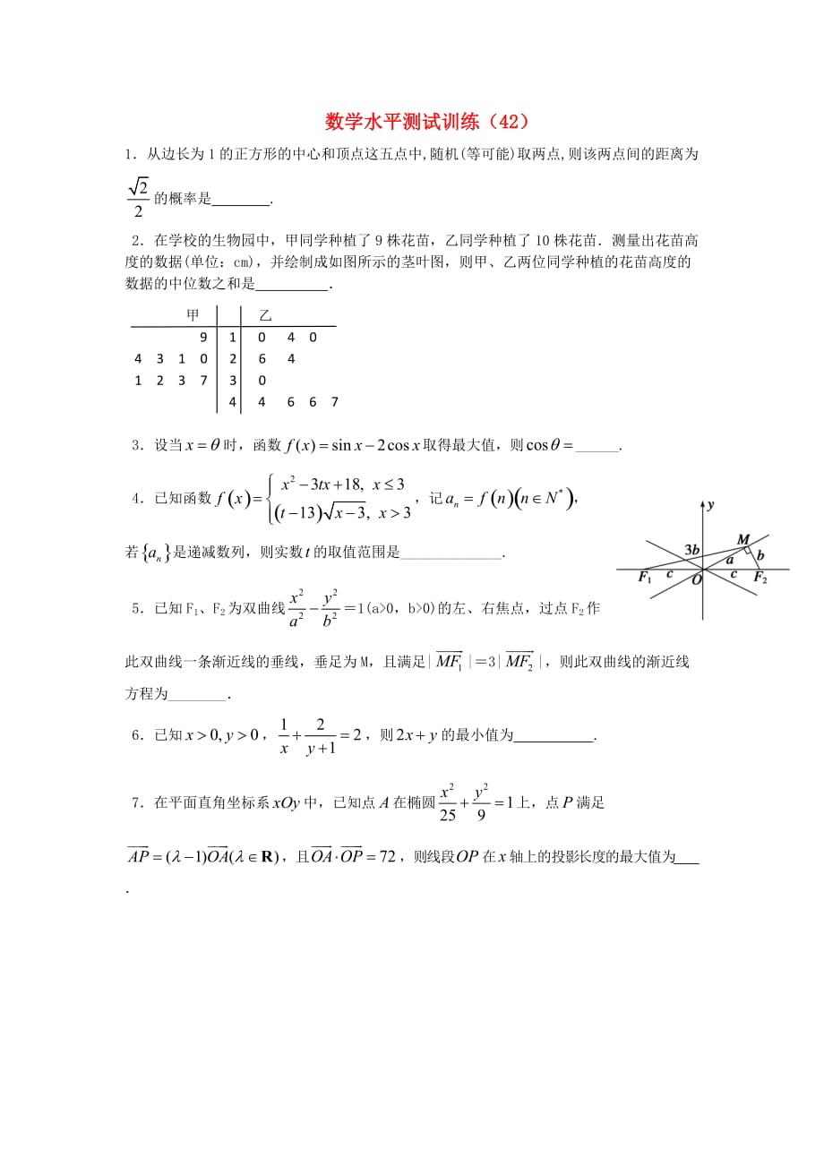 2020年高二数学学业水平测试训练（42）（通用）_第1页