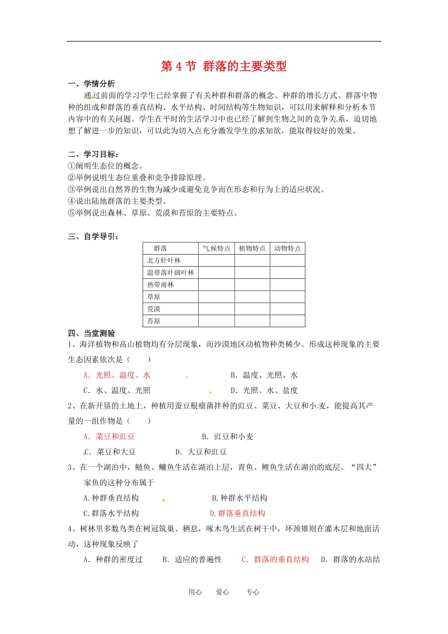 高中生物： 54 群落的主要类型（学案）浙科版必修3.doc_第1页