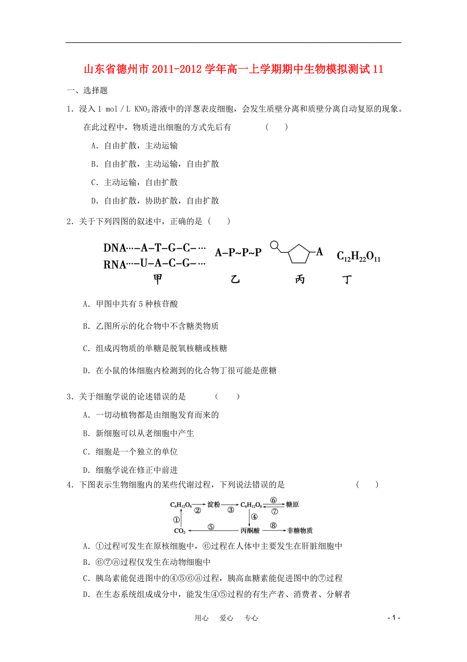 山东省德州市2011-2012学年高一生物上学期期中模拟测试11.doc_第1页