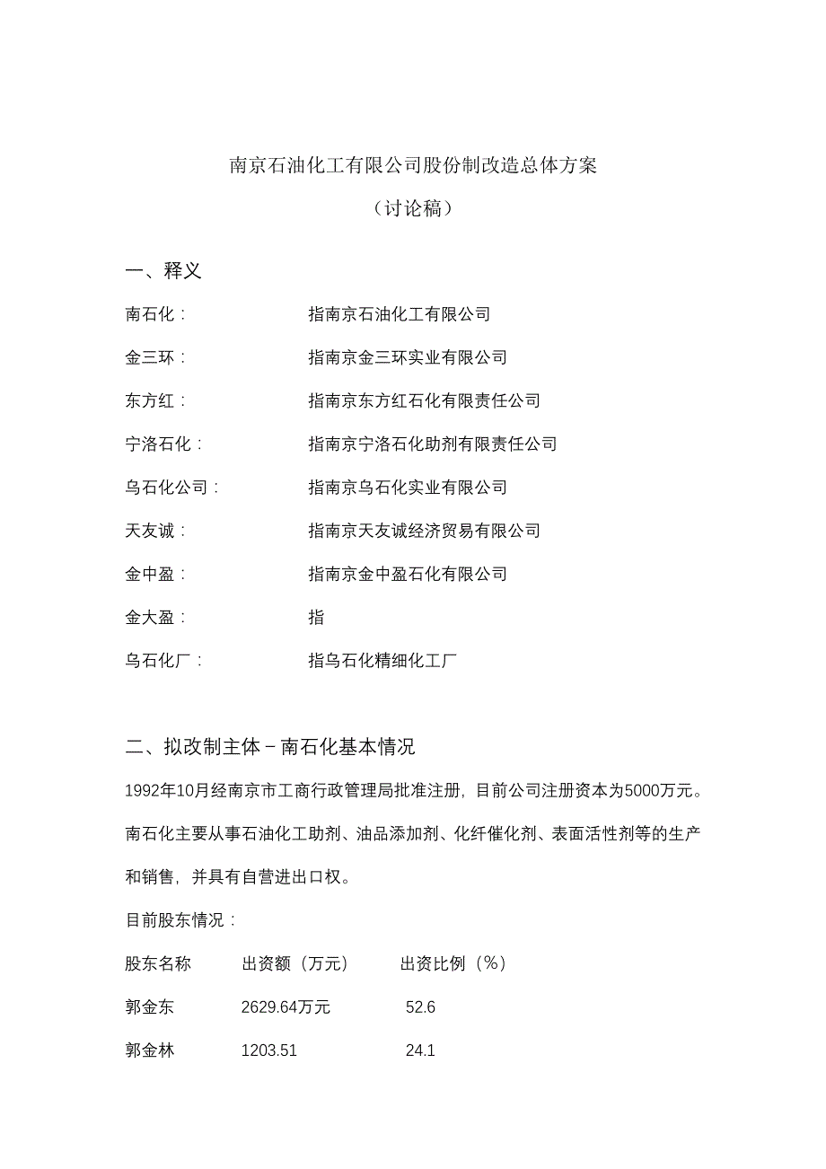 202X年南京石油化工有限公司股份制改造总体方案_第1页