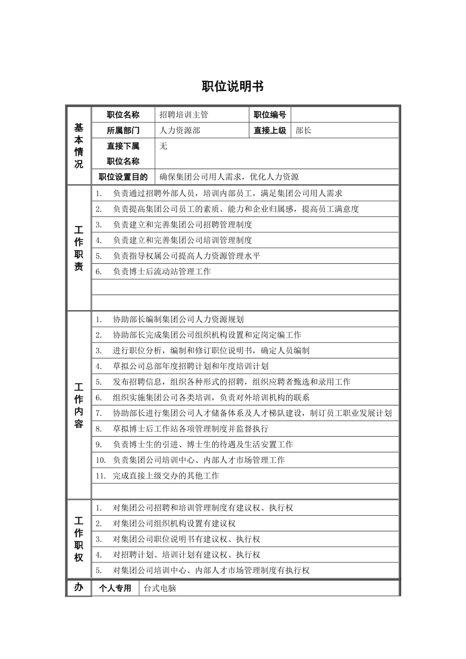 202X年人力资源部_招聘培训主管_职位说明书_第1页