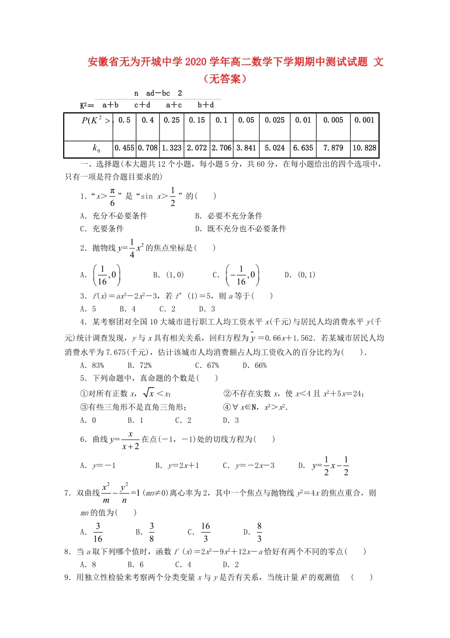 安徽省无为开城中学2020学年高二数学下学期期中测试试题 文（无答案）（通用）_第1页