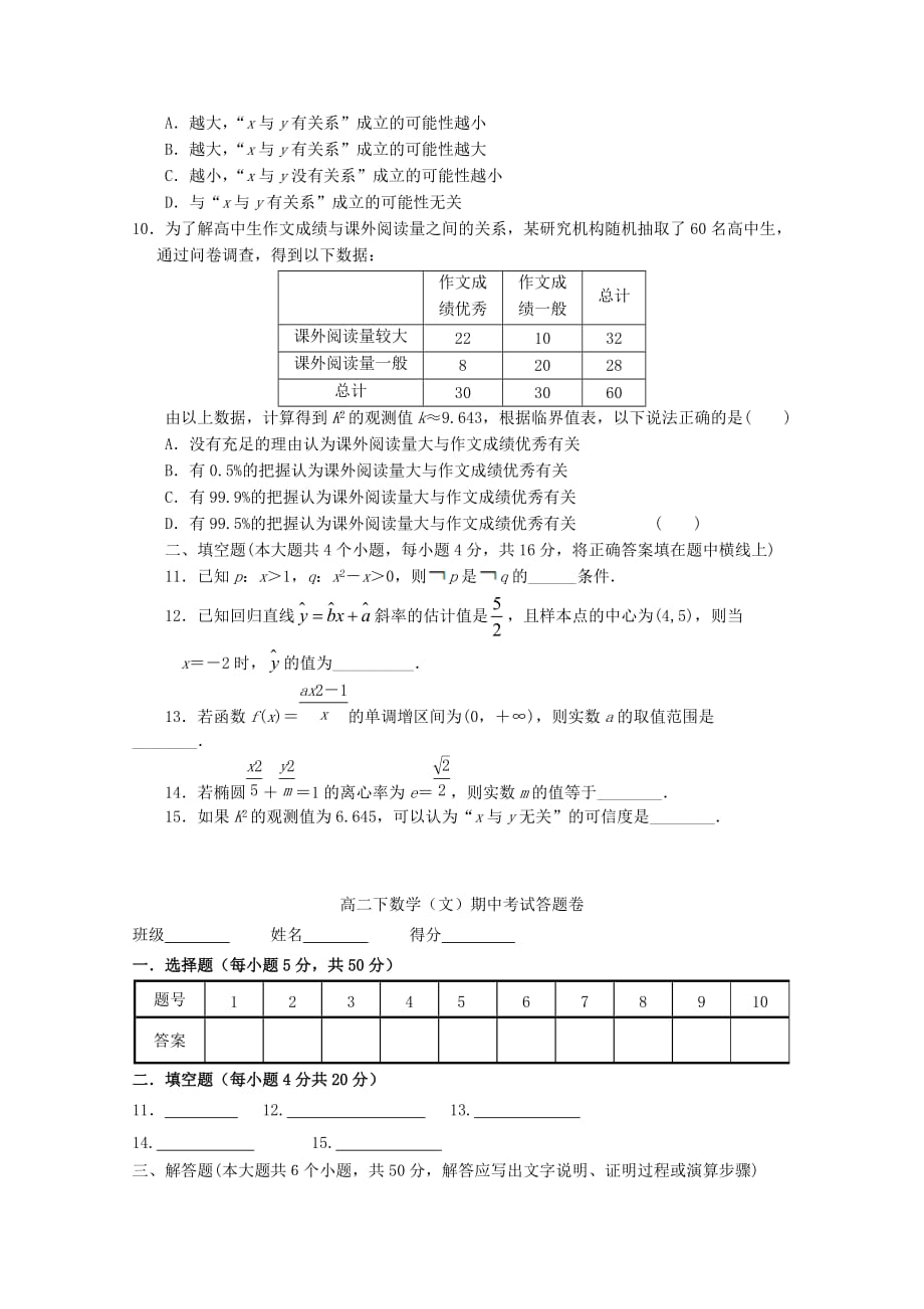 安徽省无为开城中学2020学年高二数学下学期期中测试试题 文（无答案）（通用）_第2页