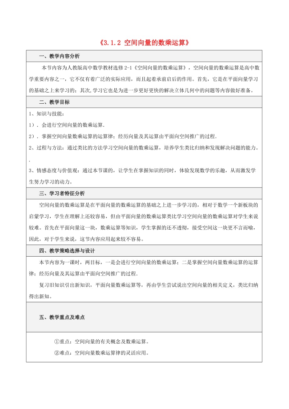 新疆和硕县高中数学第三章空间向量与立体几何3.1空间向量及其运算3.1.2空间向量的数乘运算教学案无答案新人教A版选修2（通用）_第1页