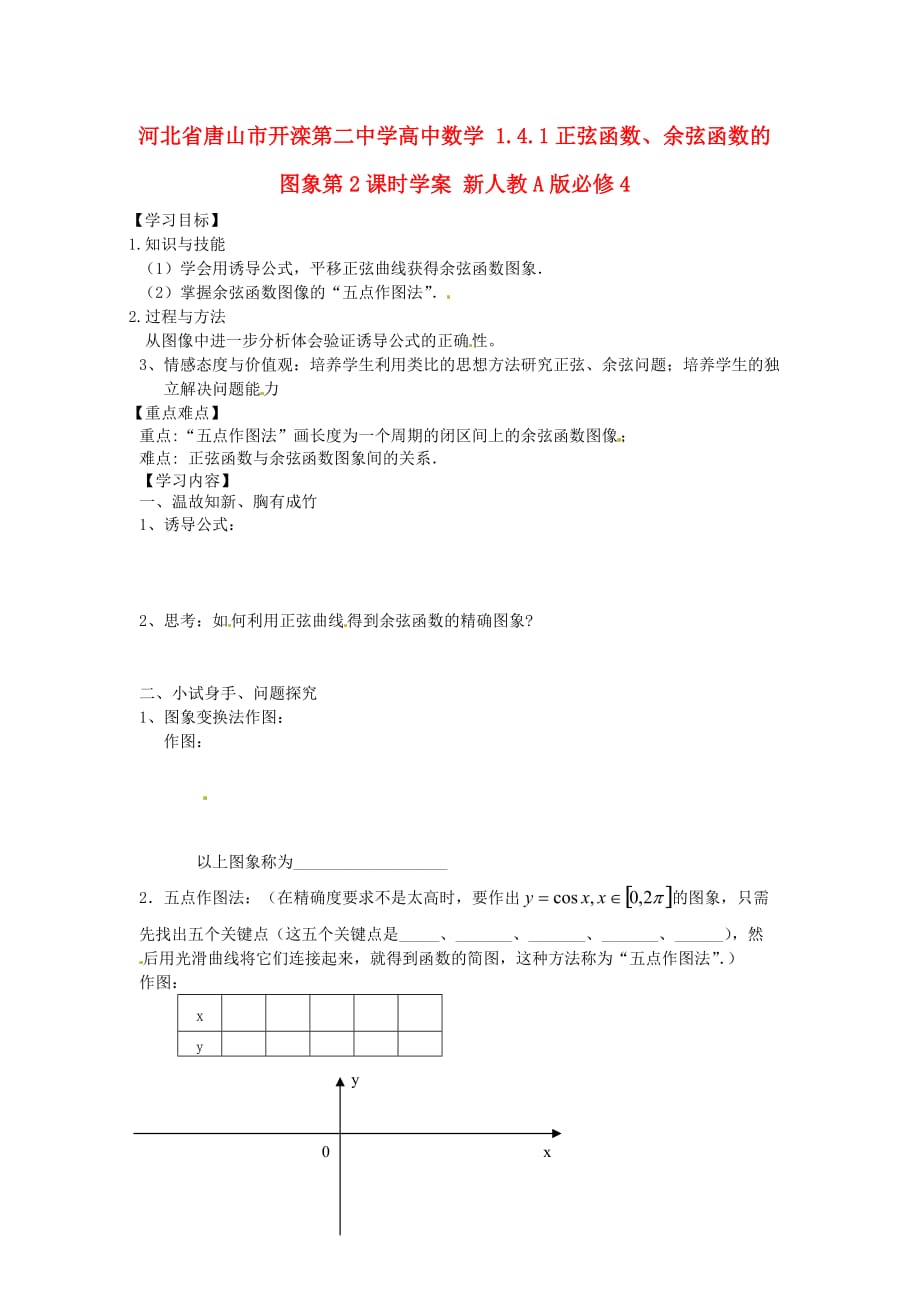 河北省唐山市高中数学 1.4.1正弦函数、余弦函数的图象第2课时学案 新人教A版必修4（通用）_第1页