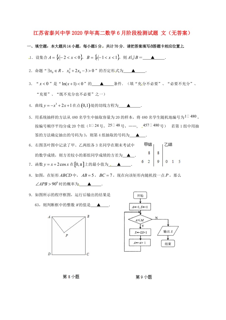 江苏省泰兴中学2020学年高二数学6月阶段检测试题 文（无答案）（通用）_第1页