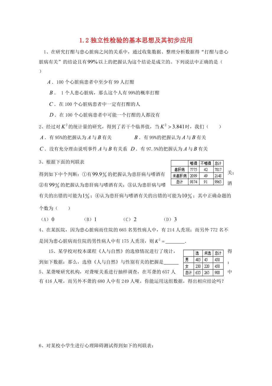 湖北省宜昌市高中数学 第一章 统计案例 1.2 独立性检验的基本思想及其初步应用同步练习（无答案）新人教A版选修1-2（通用）_第1页