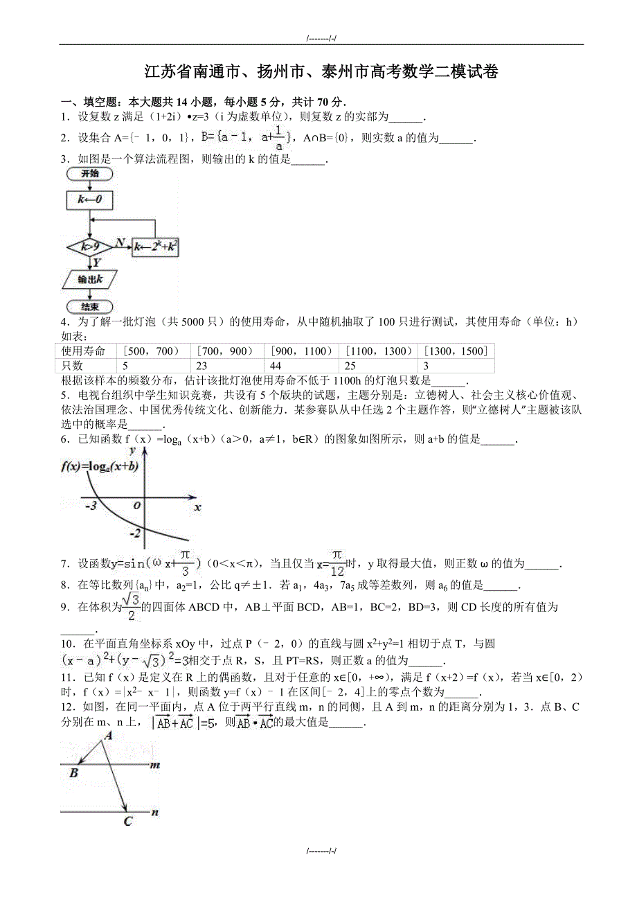 2020届南通市、扬州市、泰州市高考数学二模试卷(有答案)(加精)_第1页