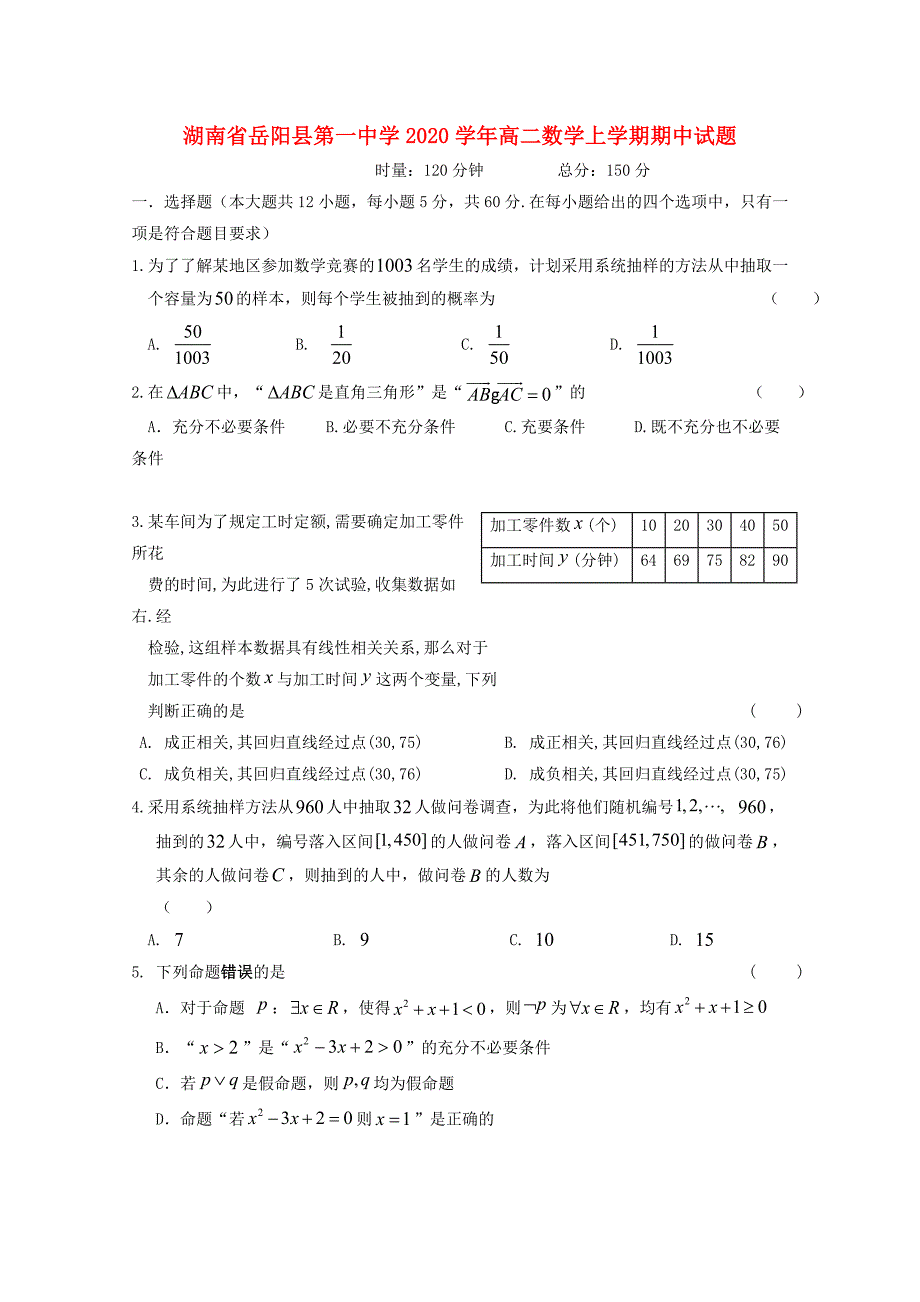 湖南省2020学年高二数学上学期期中试题（通用）_第1页