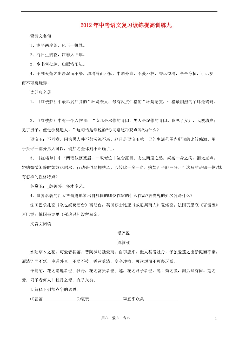 2012中考语文复习读练提高训练九.doc_第1页