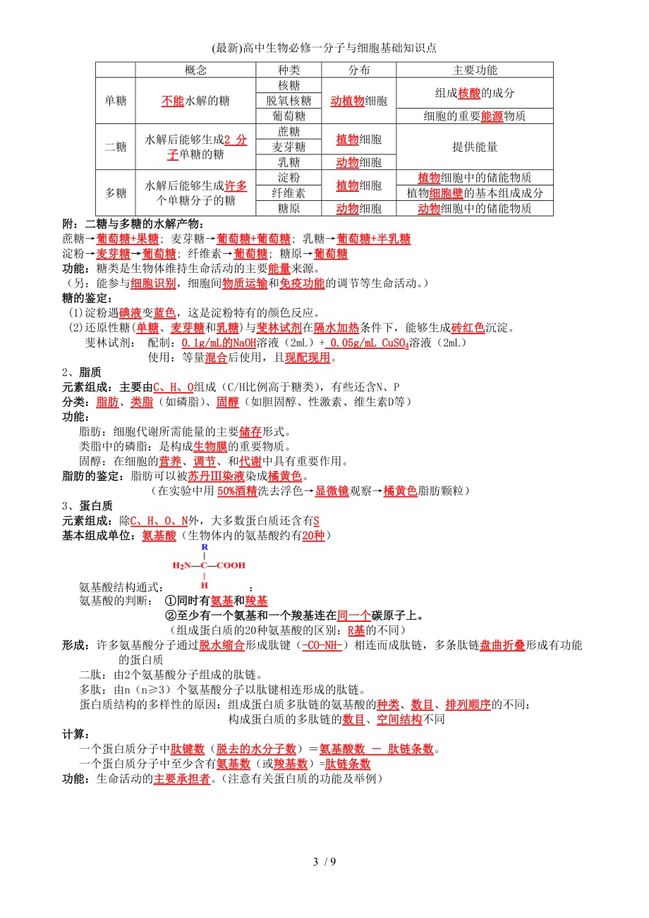 最新高中生物必修一分子与细胞基础知识点_第3页