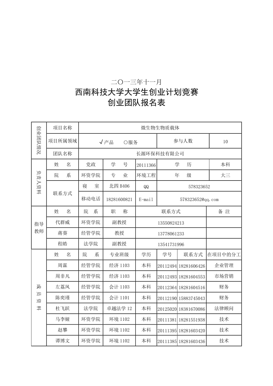 第九届选挑战杯中国大学生创业计划竞赛西南科技大学校内拔赛创业团队报名表_第2页