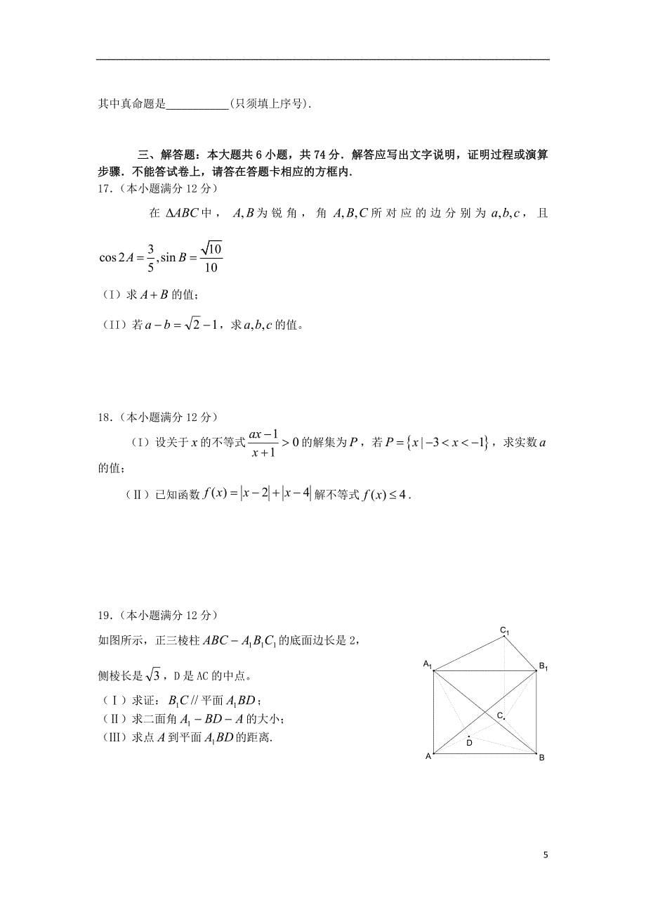 四川省宜宾市2011-2012学年高二数学下学期期末调研考试试题 理 新人教A版.doc_第5页