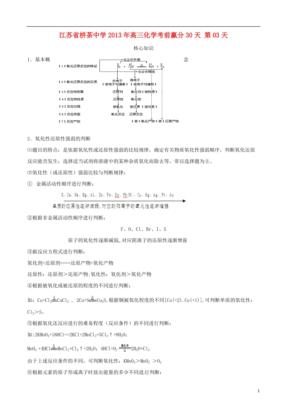 江苏省栟茶中学2013年高三化学考前赢分30天 第03天.doc_第1页