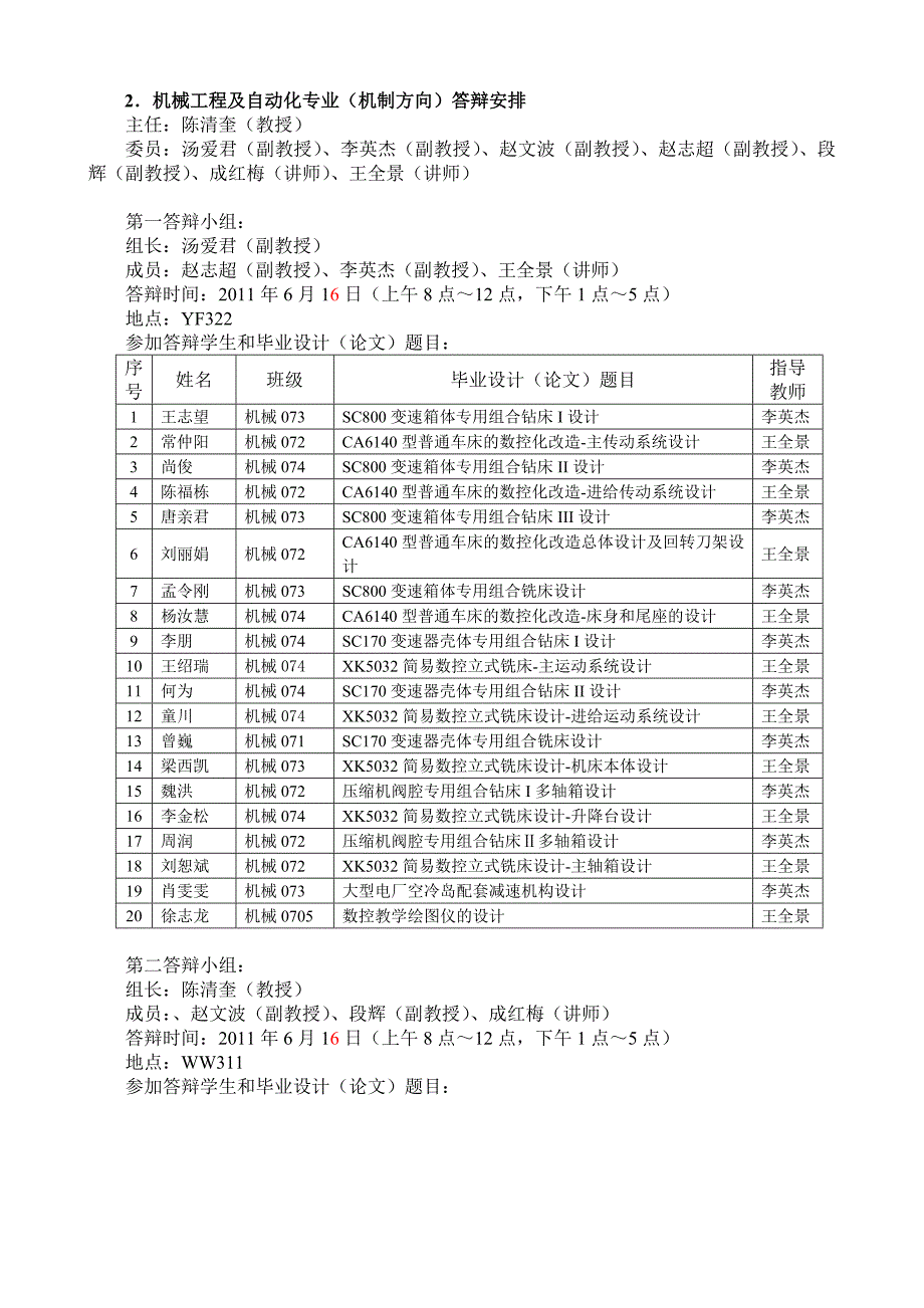 机电工程学院2011年毕业答辩安排表6.14_第4页