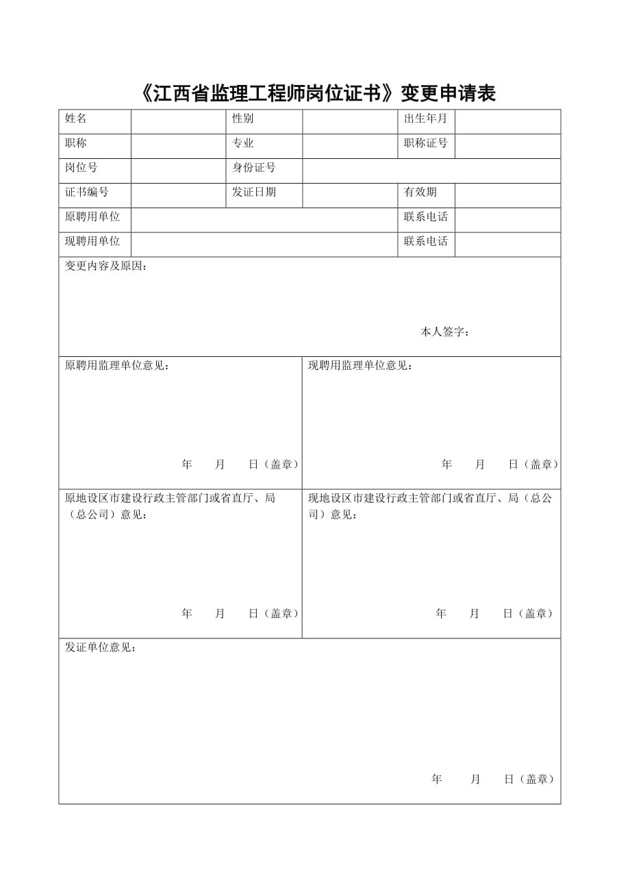 《江西省监理工程师岗位证书》变更申请表.doc_第1页