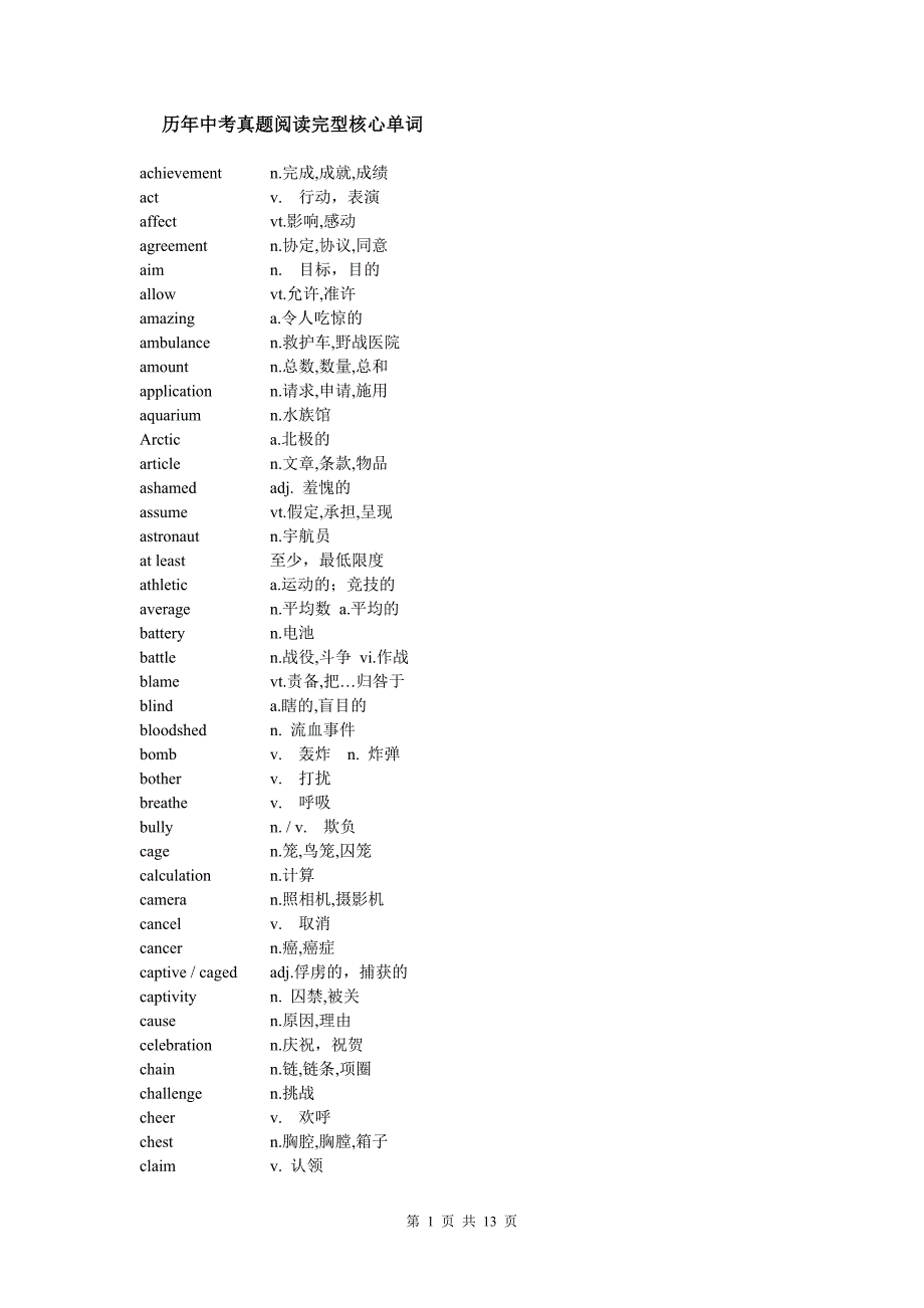 中考英语完形填空高频词汇[13页]_第1页