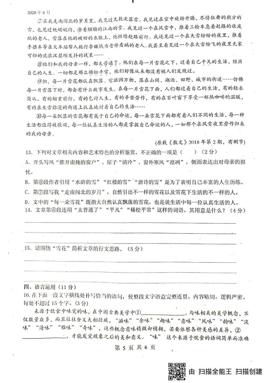 四川省绵阳南山中学2019-2020学年高一下学期6月月考语文试题 PDF版含答案_第5页