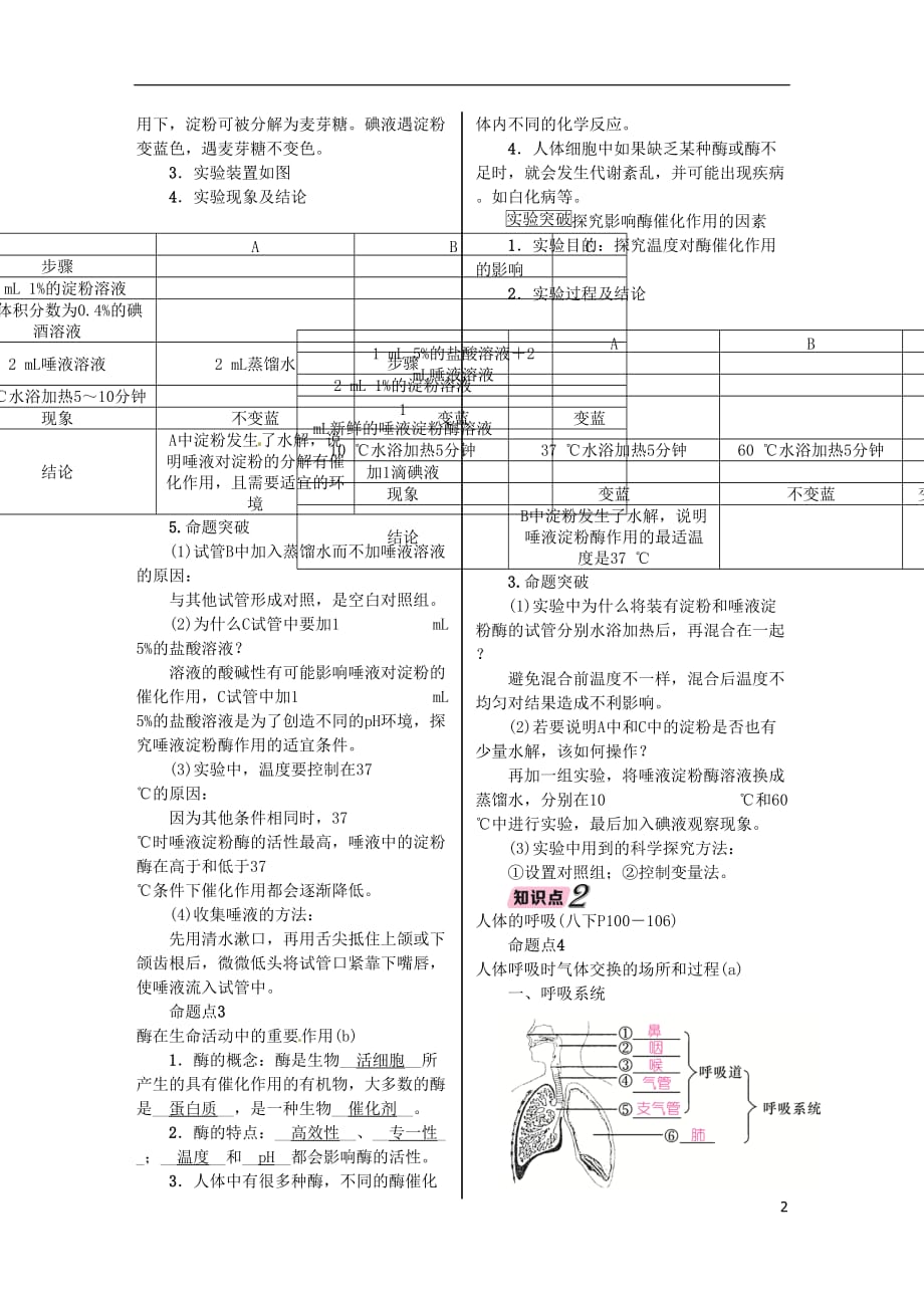 浙江省中考科学复习第1部分生命科学第6课时人体的物质和能量转换(消化和呼吸)（精讲）试题_第2页