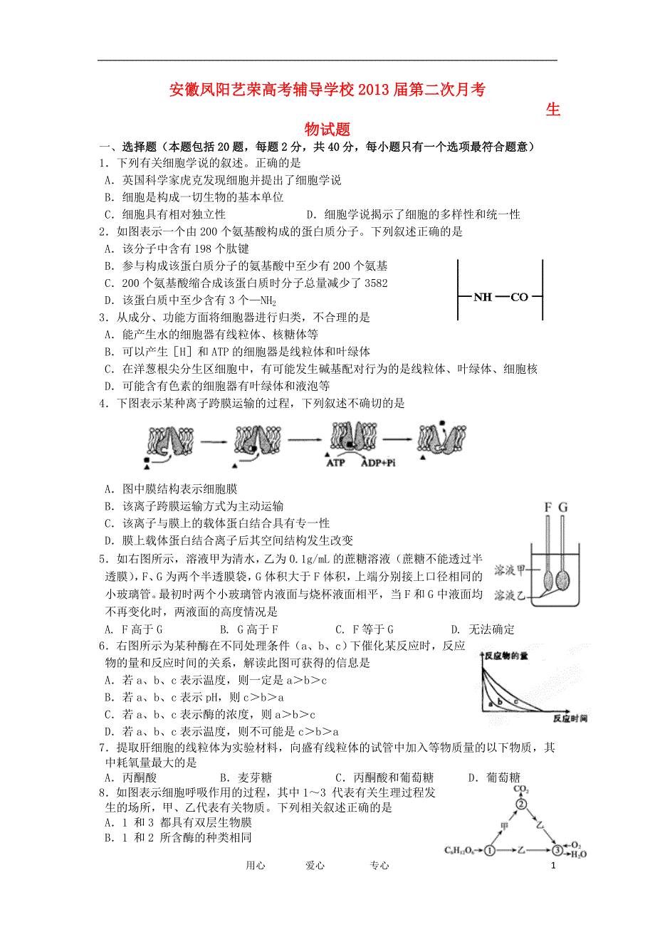 安徽省凤阳艺荣高考复读学校2013届高三生物第二次月考试题新人教版.doc_第1页