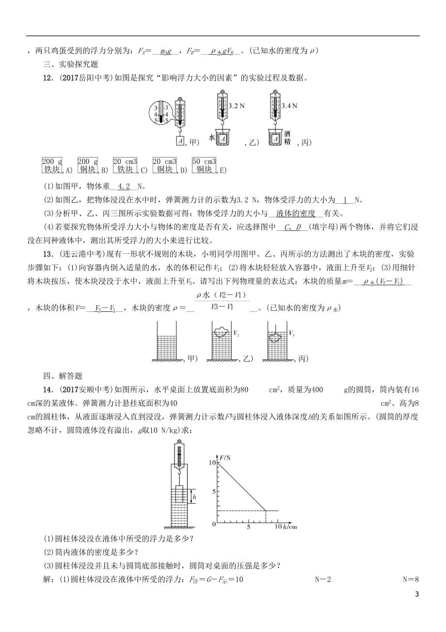 浙江省中考科学复习第2部分物质科学（一）第6课时浮力（精练）试题_第3页