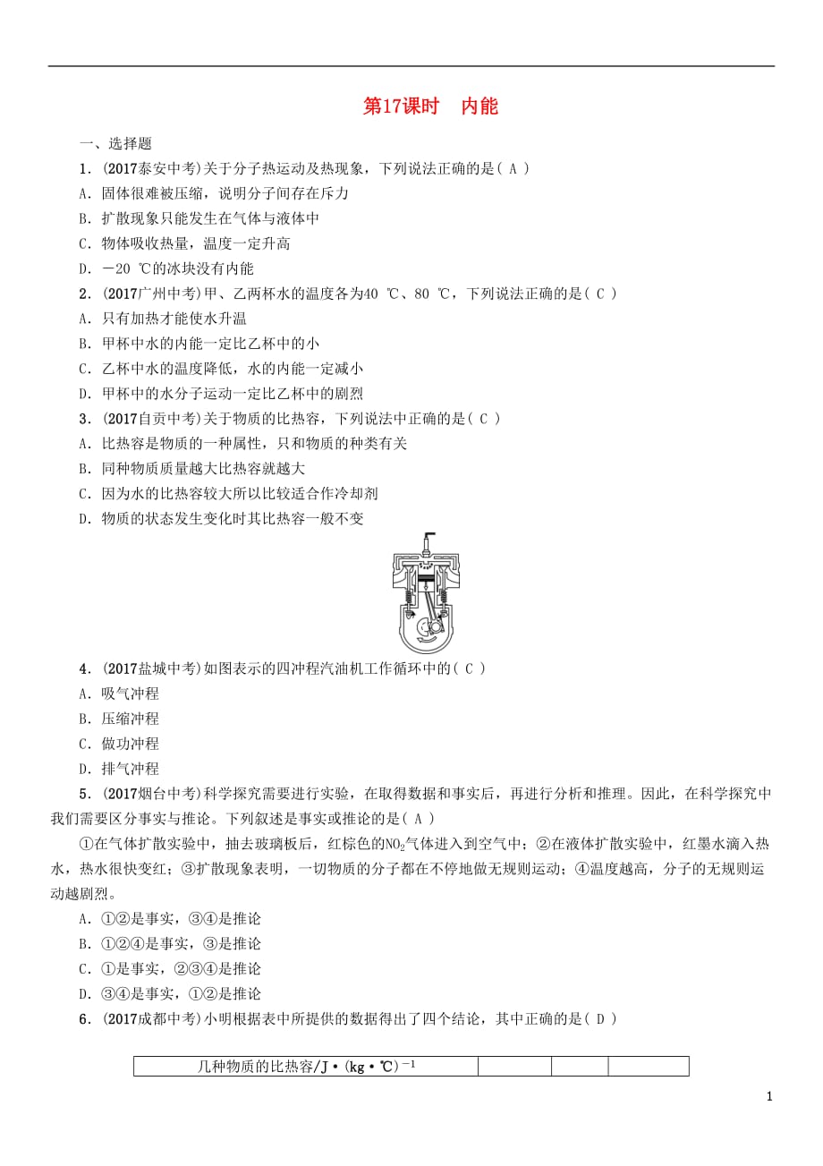 浙江省中考科学复习第2部分物质科学（一）第17课时内能（精练）试题_第1页