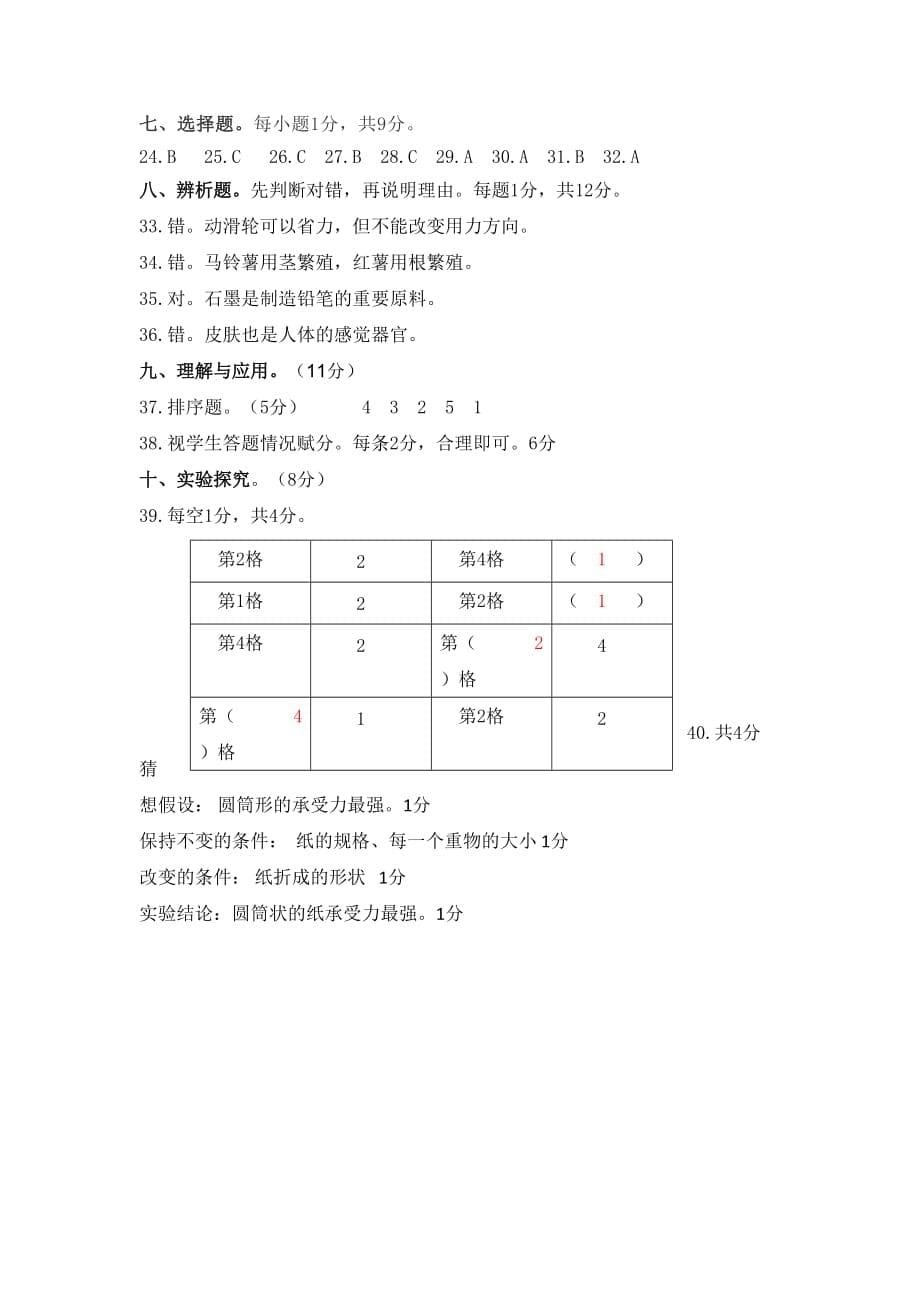 十堰市2019--2020学年第二学期期末检测五年级科学试题（含答案）_第5页