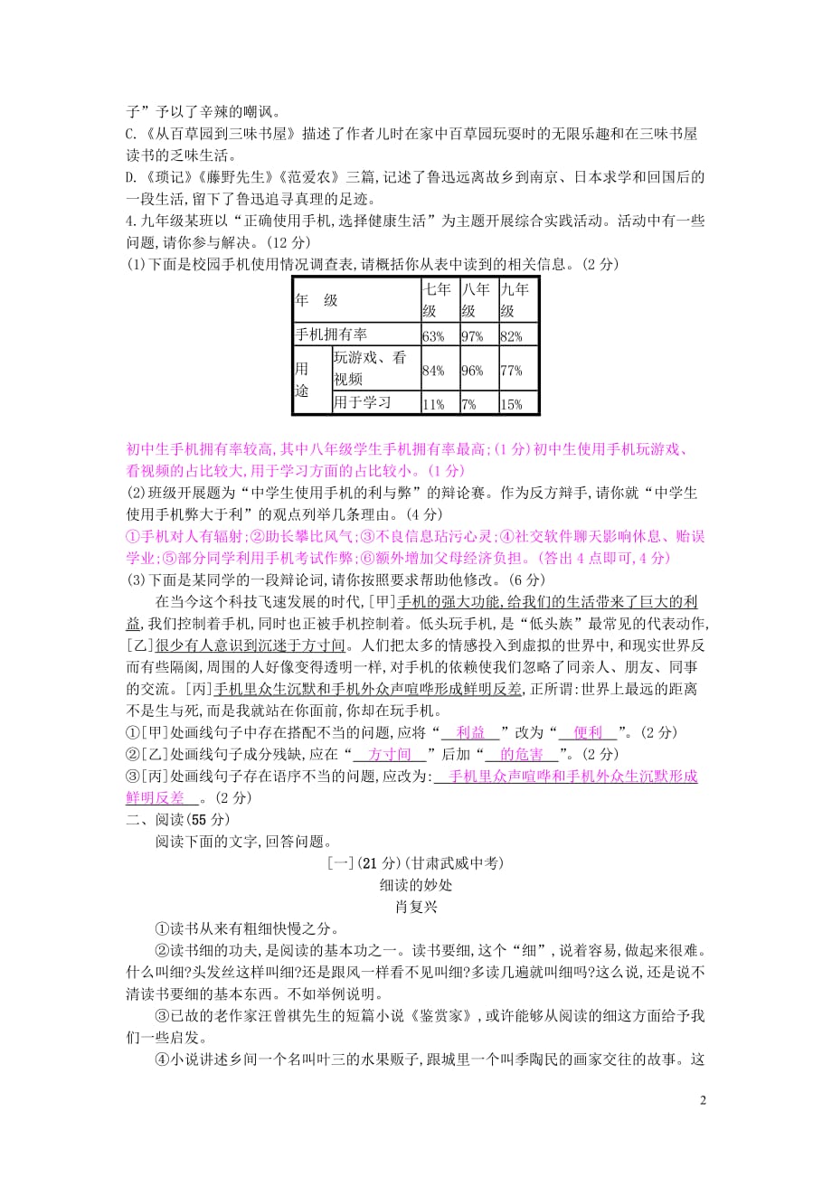 初中语文九年级下册检测卷（含答案）_第2页