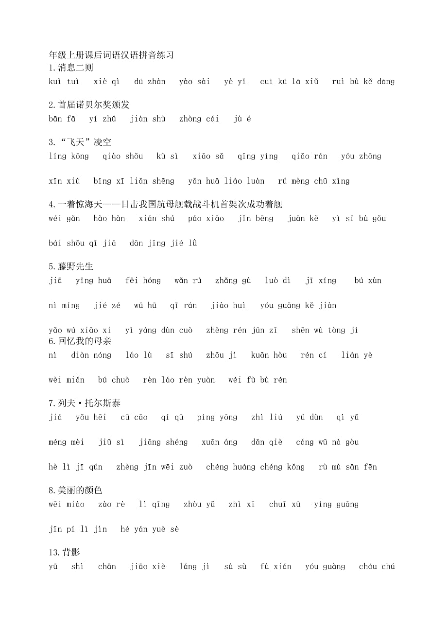 初中语文八年级上册课后词语汉语拼音练习_第1页