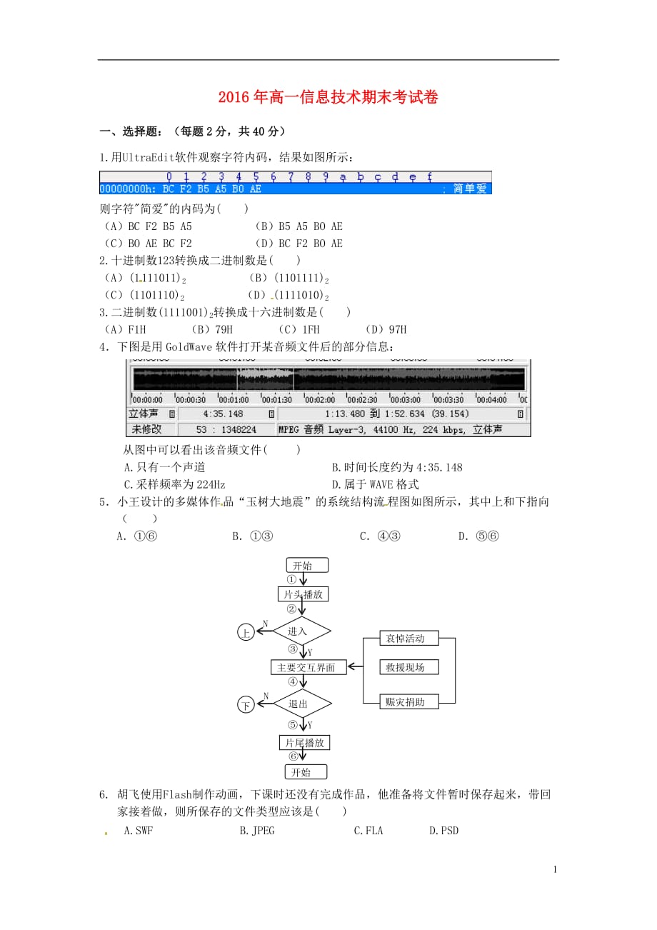 浙江省乐清市芙蓉中学高一信息技术下学期期末考试试题（无答案）_第1页