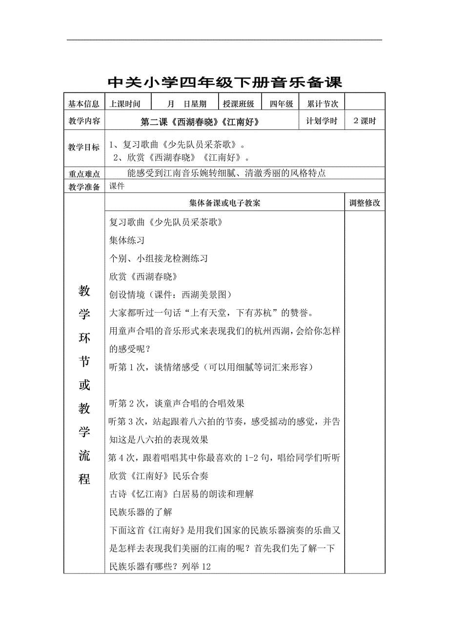 新人教版四年级下册音乐备课教案(表格全)_第5页