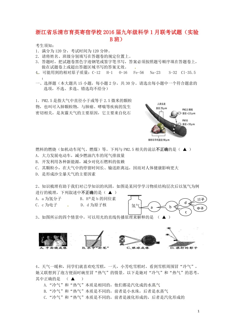 浙江省乐清市育英寄宿学校九年级科学1月联考试题（实验B班）_第1页