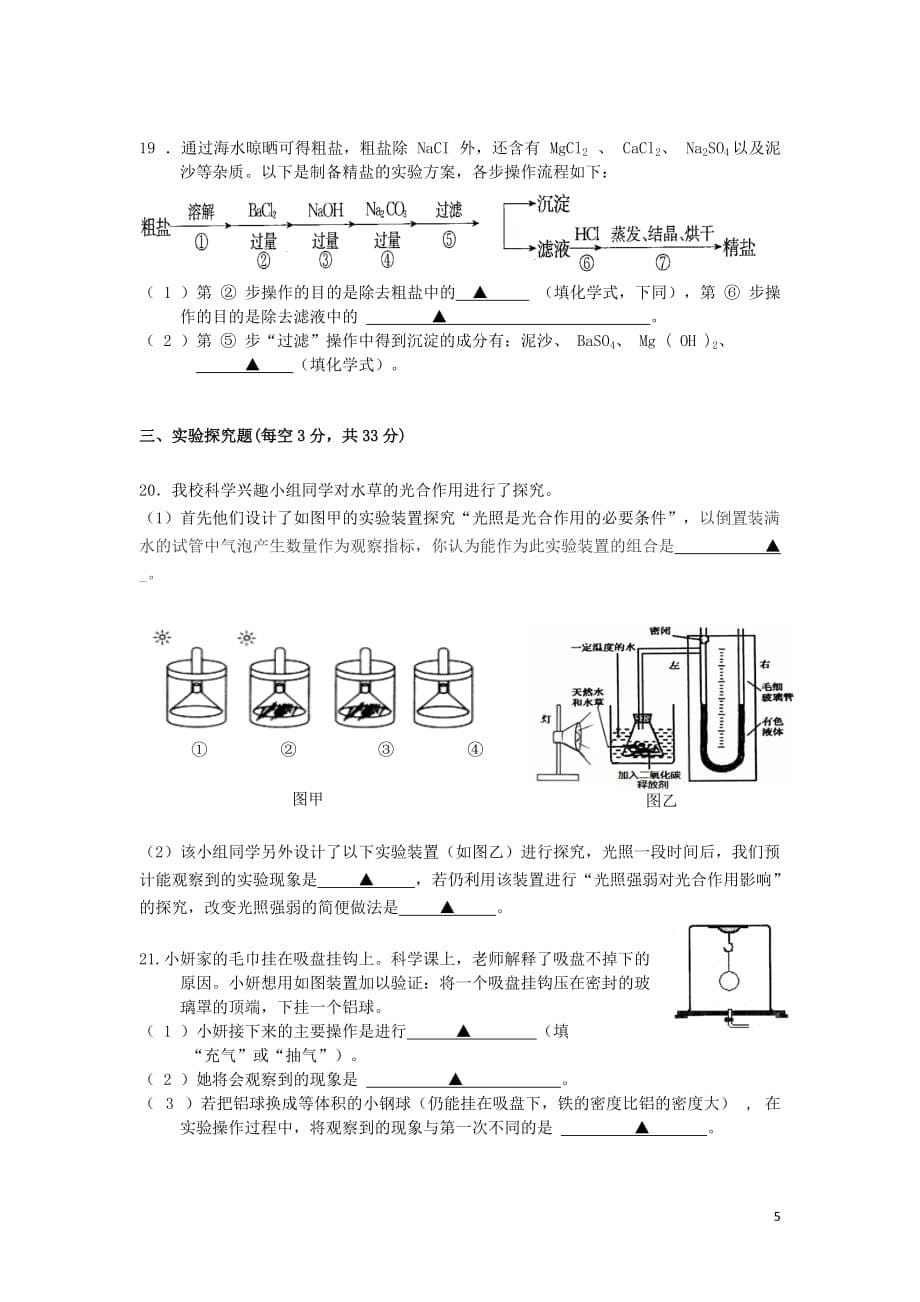 浙江省乐清市育英寄宿学校九年级科学1月联考试题（实验B班）_第5页