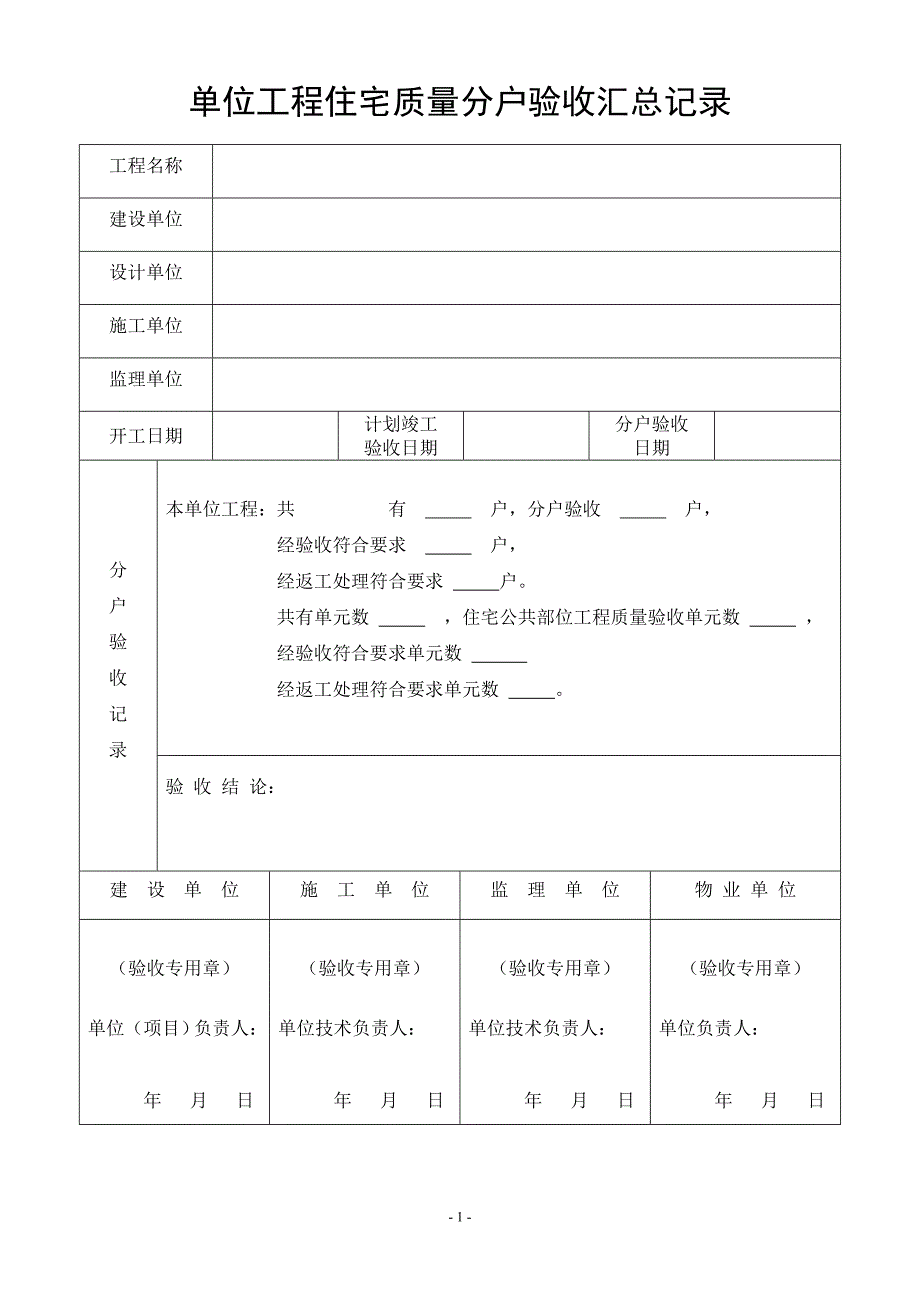 (工程质量)单位工程住宅质量分户验收汇总记录_第1页