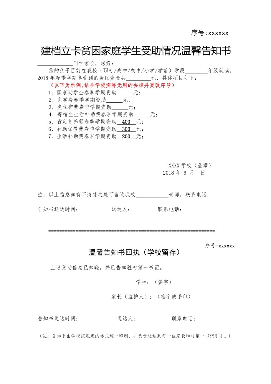 建档立卡贫困家庭学生受助情况温馨告知书(式样).doc_第1页