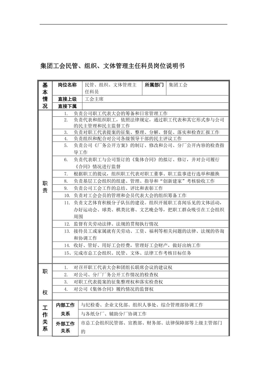 (文体教育)恒丰纸业集团工会民管&组织&文体管理主任科员岗位说明书_第1页