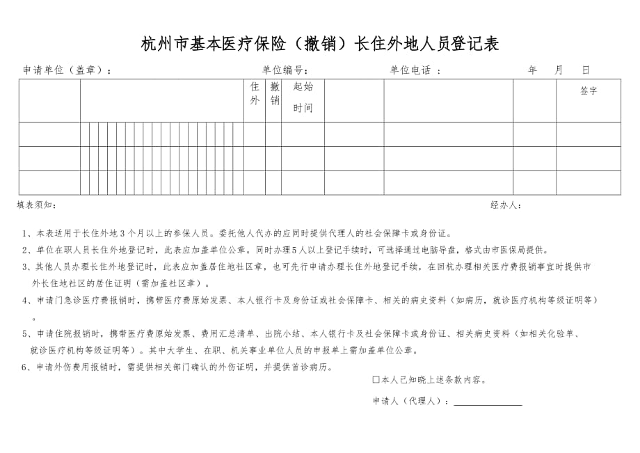 杭州市基本医疗保险(撤销)长住外地人员登记表.doc_第1页