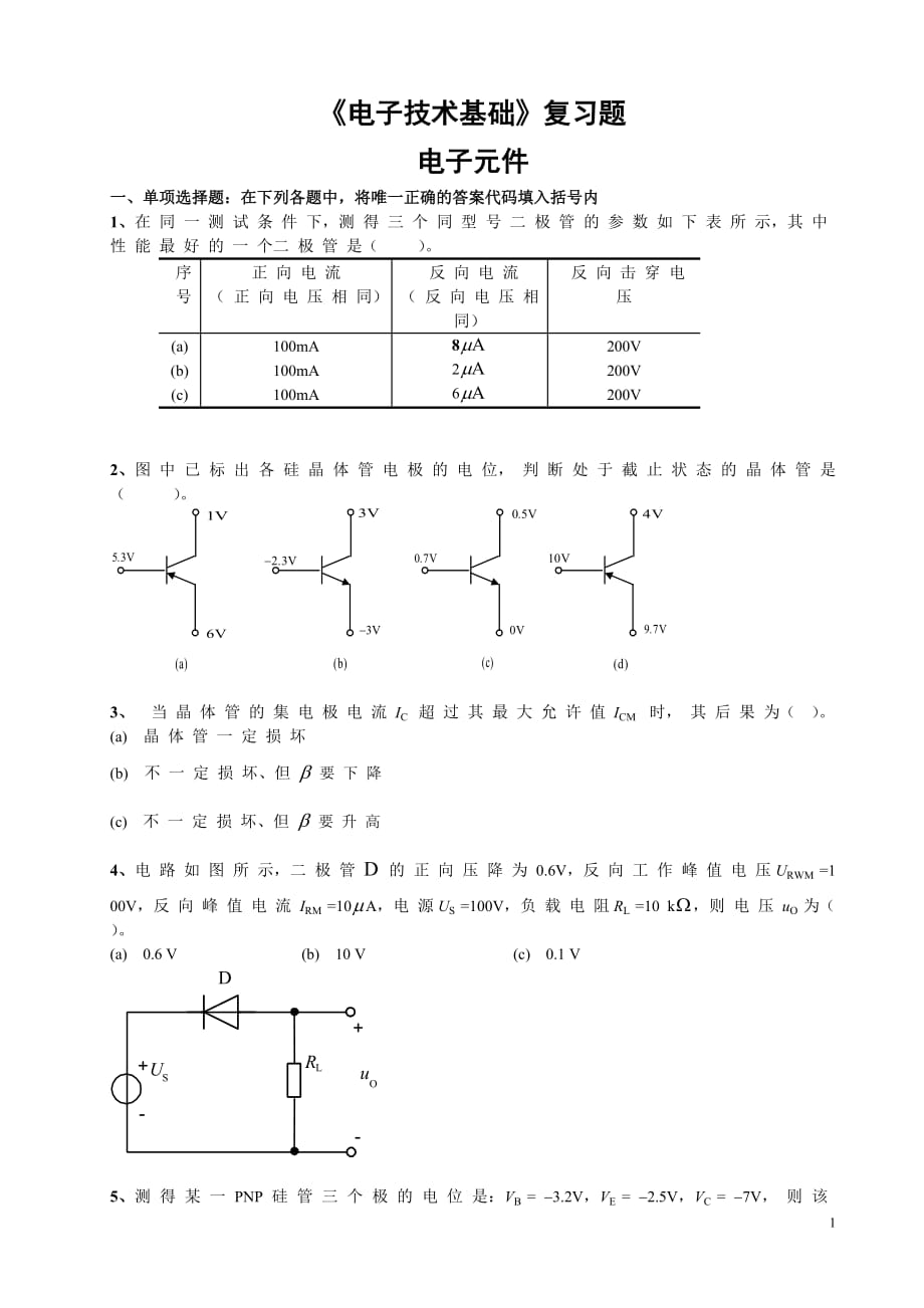 (电子行业企业管理)1电子技术基础复习题电子元件_第1页