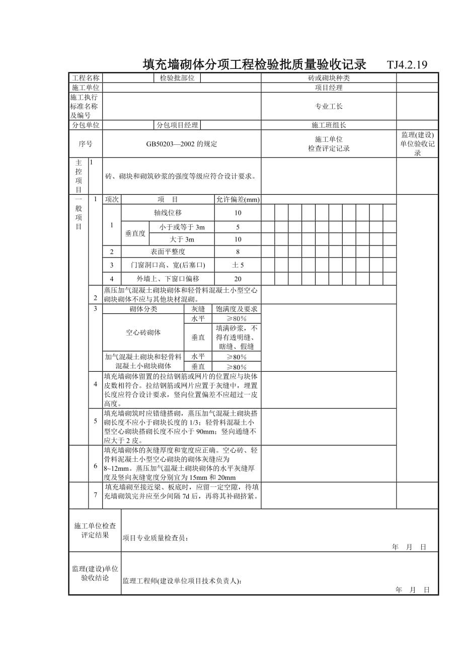 (工程质量)108填充墙砌体分项工程检验批质量验收记录TJ4219_第1页