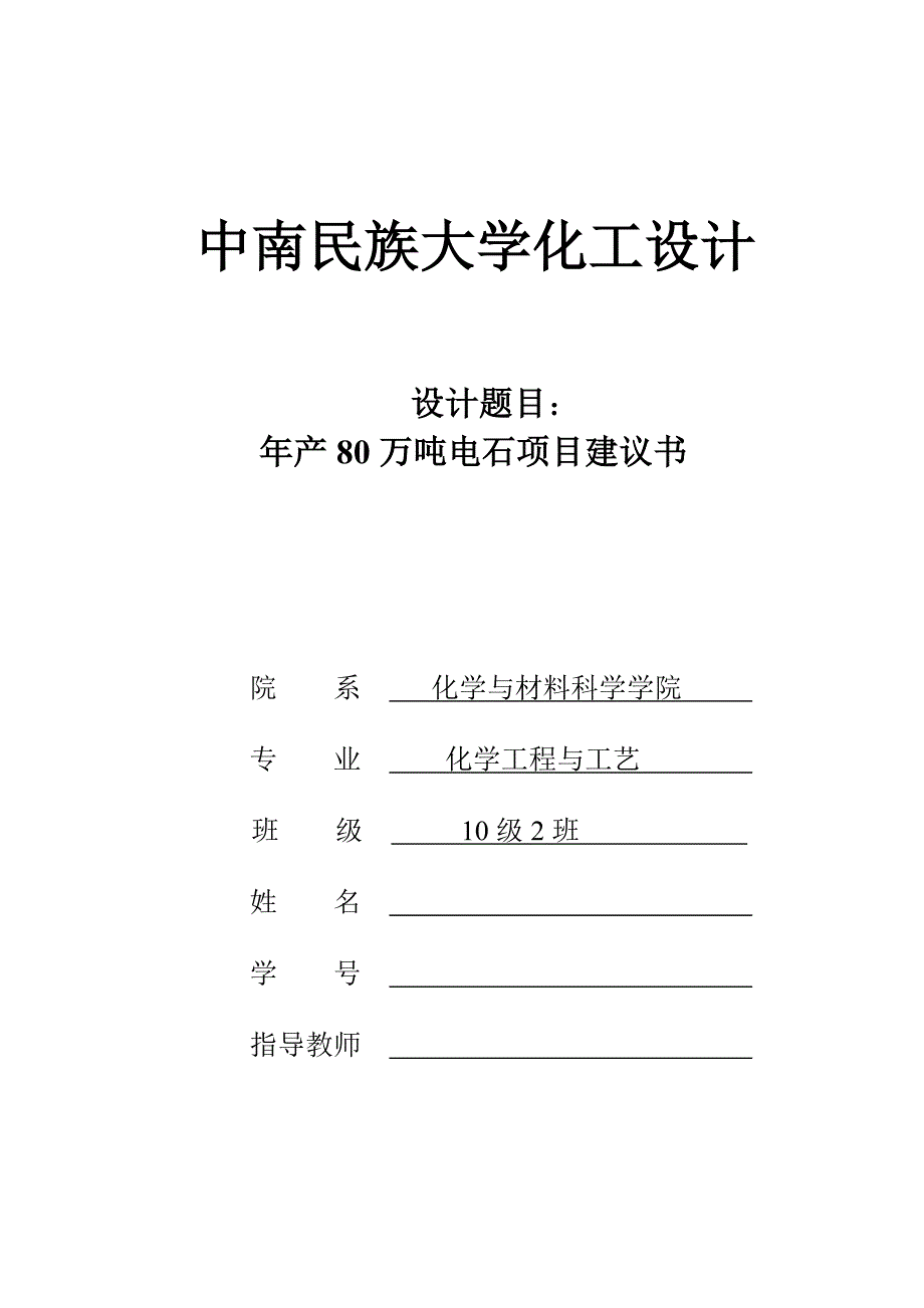 (能源化工)中南民大化工设计80万吨电石项目计划书_第1页