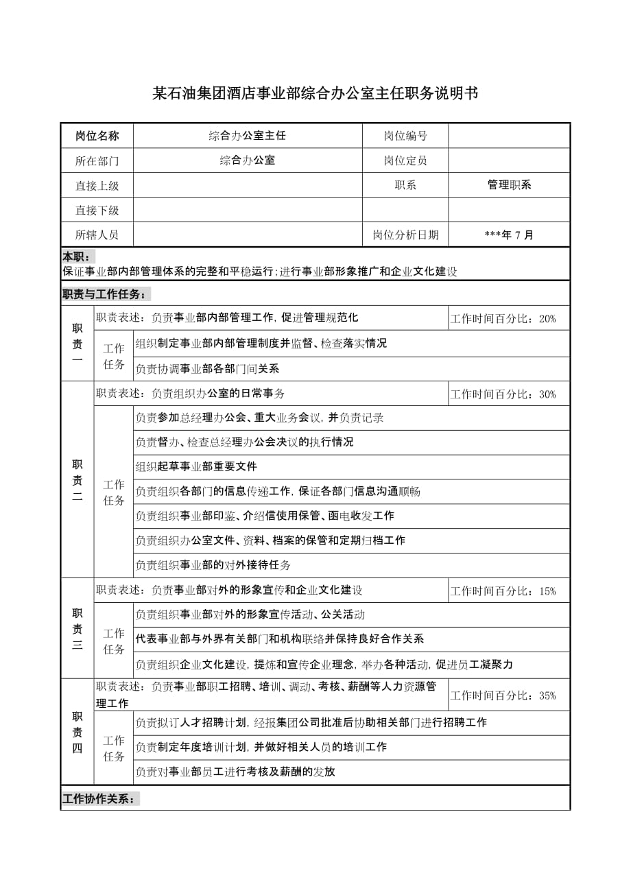 (酒类资料)酒店事业部综合办公室主任职务说明书_第1页