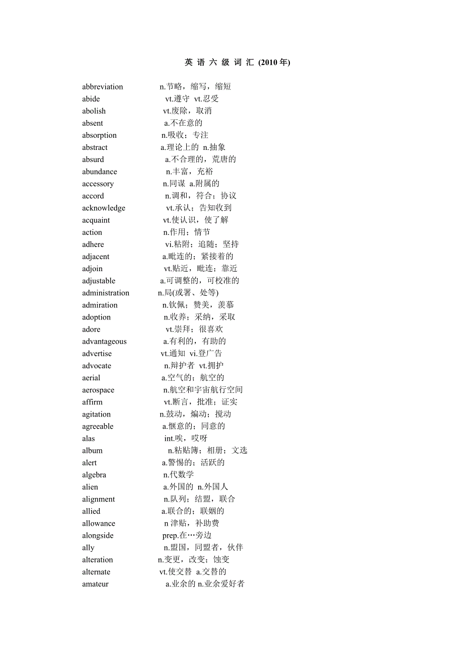 2010年大学英语六级词汇表(绝对滴!!).doc_第1页