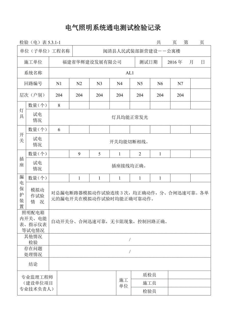 (电气工程)电气照明系统通电测试检验记录报验申请表_第5页