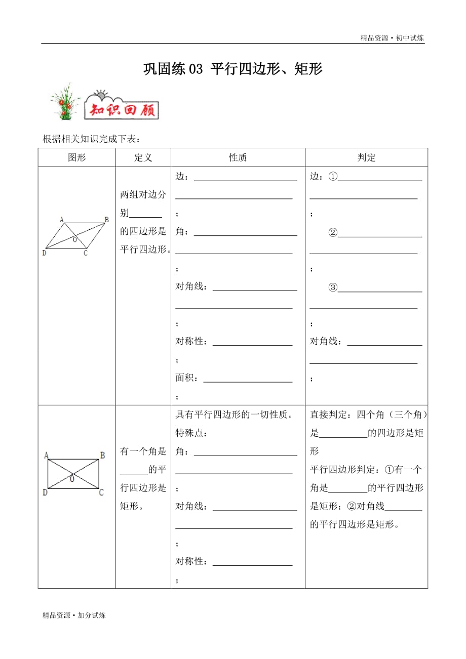 2020年暑假巩固八年级数学练习03 平行四边形、矩形教材试题（人教原卷版）_第1页